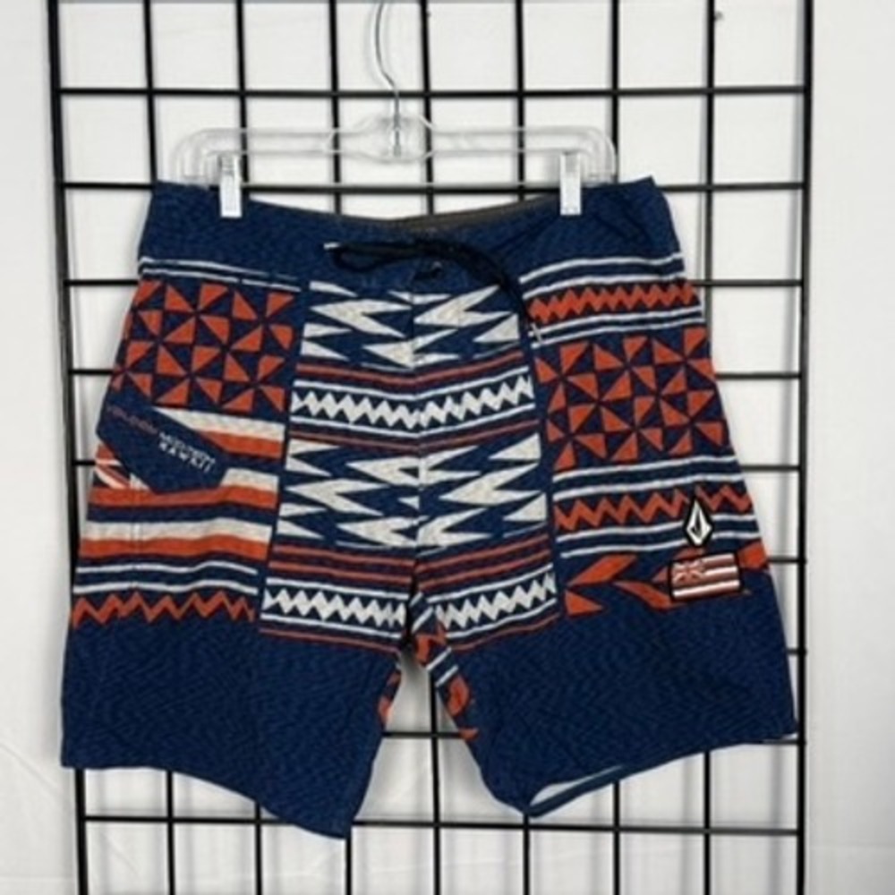 Volcom Mod-Tech Hawaii Board Shorts Mens 32 Navy Blue Orange Geometric Tribal